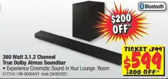 JB Hi-Fi Samsung 360 Watt 3.1.2 Channel True Dolby Atmos Soundbar offer