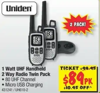 Uniden 1 Watt UHF Handheld 2 Way Radio Twin Pack