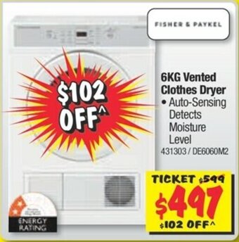 Fisher & Paykel 6kg Vented Clothes Dryer