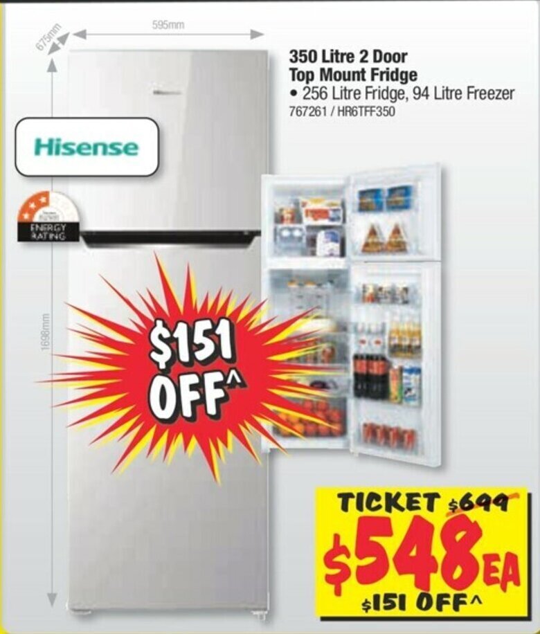 Hisense 350 Litre 2 Door Top Mount Fridge offer at JB HiFi