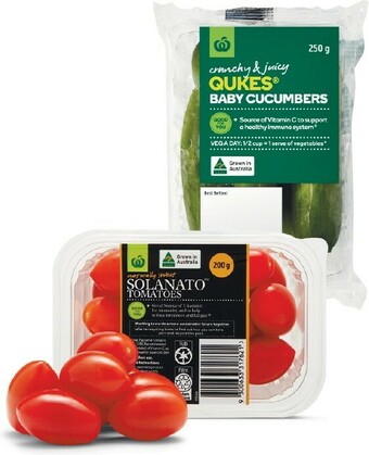 Woolworths Australian Sweet Solanato™ Tomatoes 200g Punnet or Qukes® Baby Cucumbers 250g Pack offer