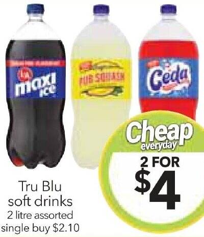 Tru Blu soft drinks 2 litre offer at Cheap as Chips