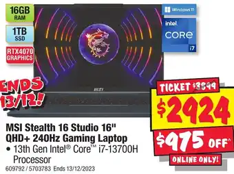 JB Hi-Fi MSI Stealth 16 Studio 16" QHD+ 240Hz Gaming Laptop offer