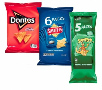 Coles Doritos Corn Chips 150g-170g or Smith’s Chips 6 Pack 114g or Jumpy’s Snacks 5 Pack 90g offer
