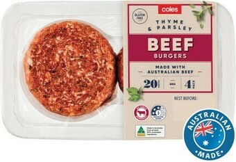 Coles Coles Beef Thyme & Parsley Burgers 500g offer