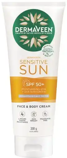 Soul Pattinson Chemist Dermaveen sensitive sun spf 50+ moisturising sunscreen face & body cream 200g offer