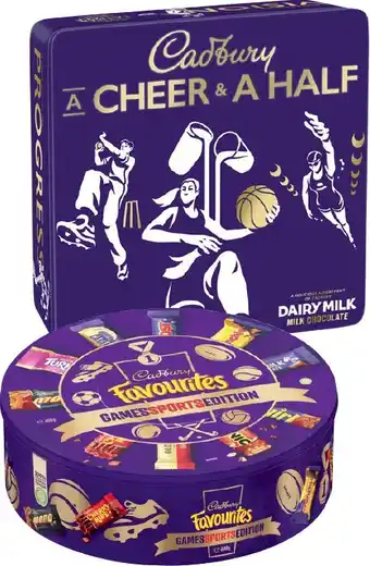 IGA Cadbury favourites games tin 600g or cadbury a cheer & a half gift box 500g offer