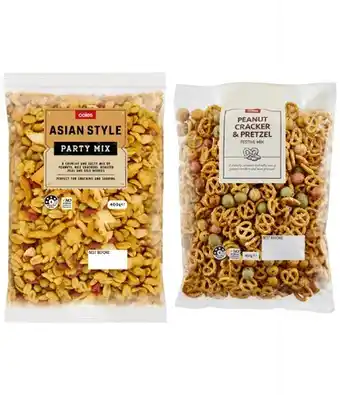 Coles festive pretzel nut or asian party snack mix 400g pack