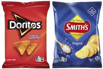 Coles Doritos corn chips or smith's crinkle cut or double crunch potato chips 150g-170g offer