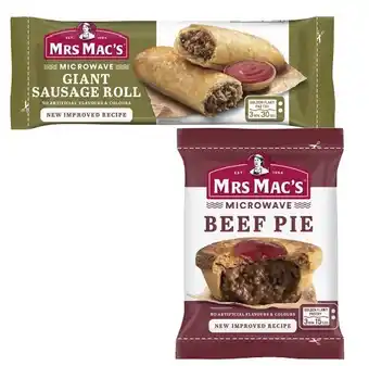 Coles Mrs mac's microwave frozen beef pie or sausage roll 175g offer