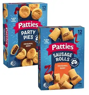 Coles Patties party meat pies 12 pack 560g or party sausage rolls 12 pack 450g offer