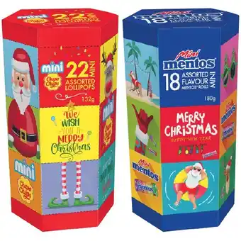 Woolworths Chupa chups mini christmas hexagon 132g or mini mentos christmas tube 180g offer