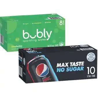 Woolworths Pepsi, solo, mountain dew, schweppes lemonade soft drink varieties, schweppes infused mineral water 10 x 375ml or bubly 8 x 3 offer