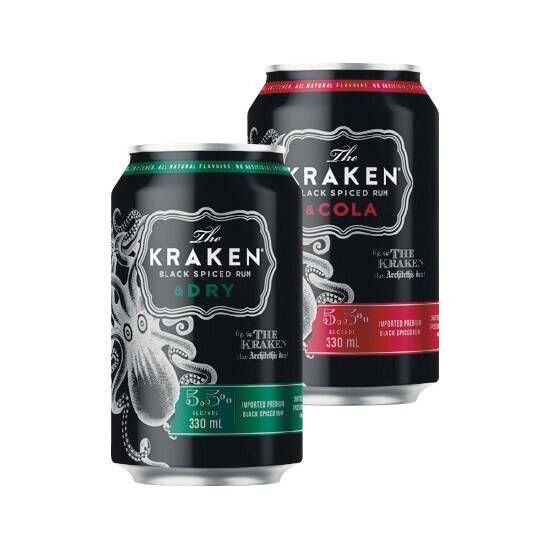 Kraken black spiced rum & dry or kraken black spiced rum & cola cans
