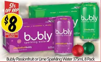 NQR Bubly Passionfruit or Lime Sparkling Water 375mL 8 Pack offer