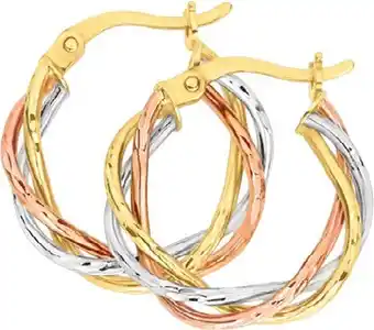 9ct gold tri tone 12mm open plait hoop earrings
