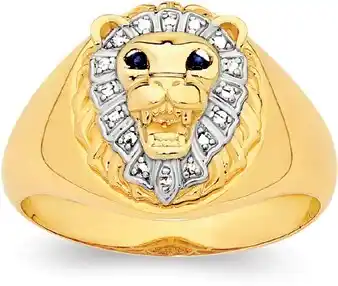 Angus & Coote 9ct gold gents natural sapphire eyes lion head ring offer