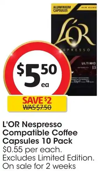 Coles L'OR Nespresso Compatible Coffee Capsules 10 Pack offer