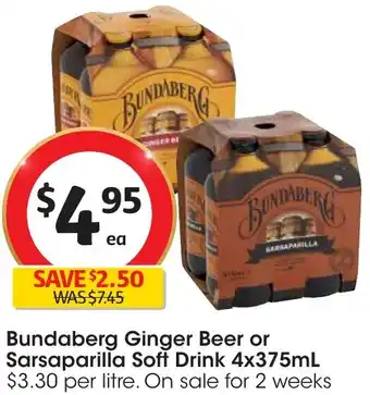 Coles Bundaberg Ginger Beer or Sarsaparilla Soft Drink 4x375mL offer