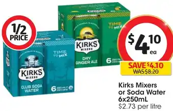 Coles Kirks Mixers or Soda Water 6x250mL offer