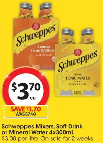 Coles Schweppes Mixers, Soft Drink or Mineral Water 4x300mL offer