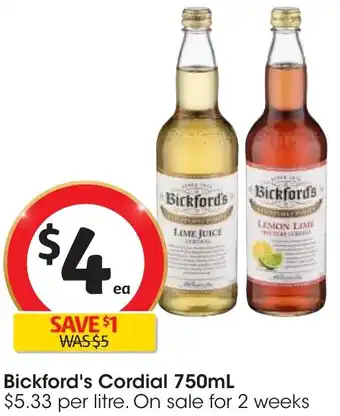 Coles Bickford's Cordial 750mL offer