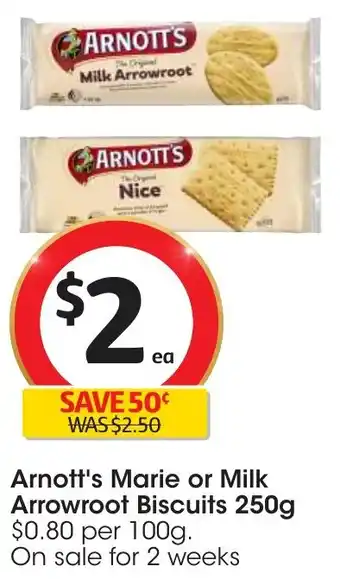 Coles Arnott's Marie or Milk Arrowroot Biscuits 250g offer