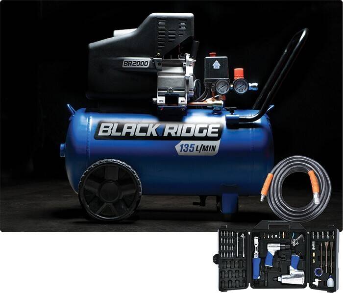 Blackridge 2.5hp air compressor, 10m air hose & 62 pce air tool kit combo offer at SuperCheap Auto