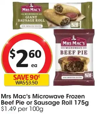 Coles Mrs Mac's Microwave Frozen Beef Pie or Sausage Roll 175g offer