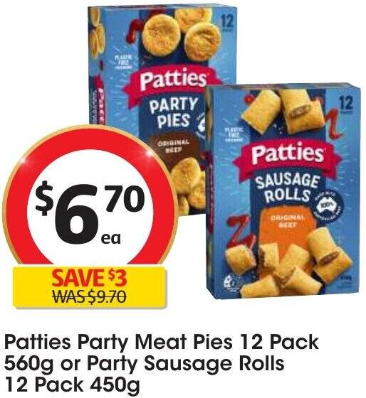 Patties Party Meat Pies 12 Pack 560g or Party Sausage Rolls 12 Pack