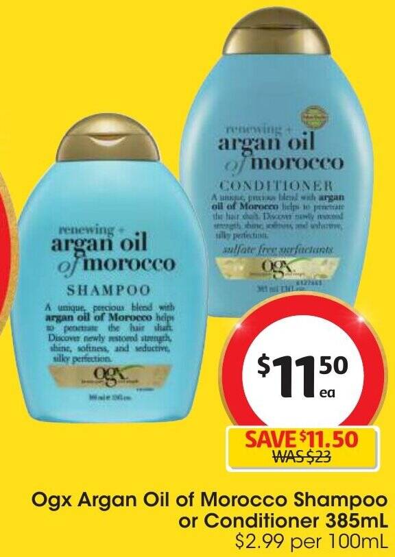 Ogx Argan Oil of Morocco Shampoo or Conditioner 385mL offer at Coles