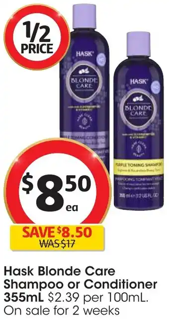 Coles Hask Blonde Care Shampoo or Conditioner 355mL offer