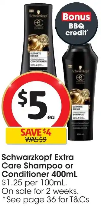 Coles Schwarzkopf Extra Care Shampoo or Conditioner 400mL offer
