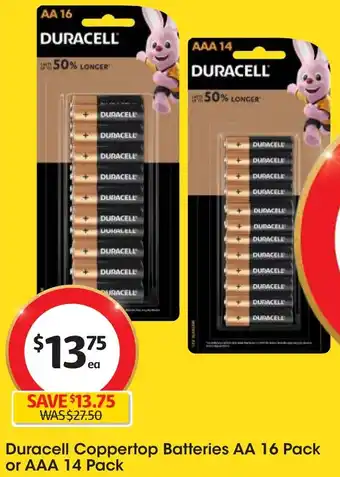 Coles Duracell Coppertop Batteries AA 16 Pack or AAA 14 Pack offer