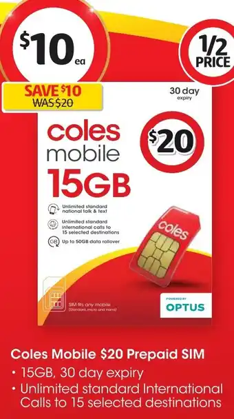 Coles Coles Mobile $20 Prepaid SIM offer