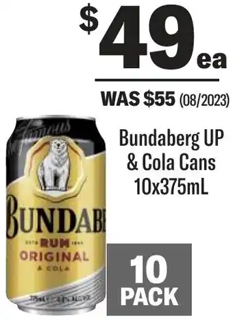 Coles Bundaberg UP & Cola Cans 10x375mL offer