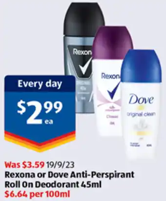 ALDI Rexona or Dove Anti-Perspirant Roll On Deodorant 45ml offer