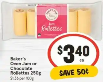 IGA Baker's Oven Jam or Chocolate Rollettes 250g offer