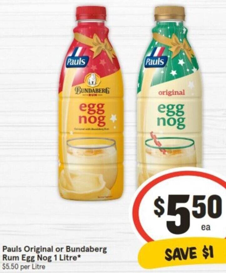 Pauls Original or Bundaberg Rum Egg Nog 1 Litre offer at IGA
