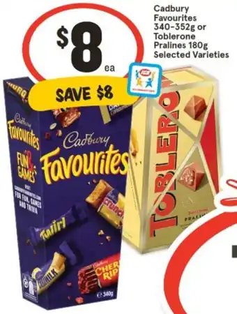 IGA Cadbury Favourites 340-352g or Toblerone Pralines 180g offer