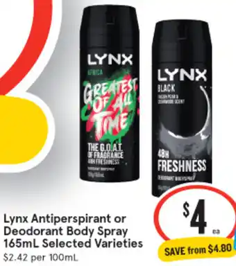 IGA Lynx Antiperspirant or Deodorant Body Spray 165mL offer