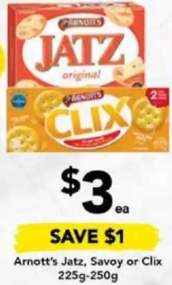 Drakes Arnott's Jatz, Savoy or Clix 225g-250g offer