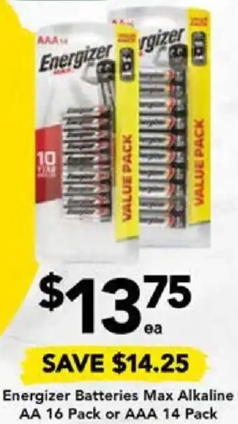 Energizer Batteries Max Alkaline AA 16 Pack or AAA 14 Pack