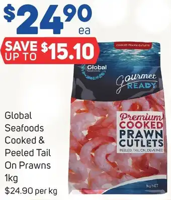 Foodland Global Seafoods Cooked & Peeled Tail On Prawns 1kg offer