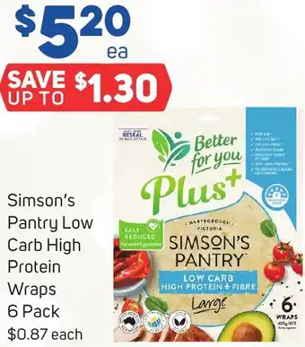 Foodland Simson's Pantry Low Carb High Protein Wraps 6 Pack offer