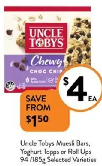 Foodworks Uncle Tobys Muesli Bars, Yoghurt Topps or Roll Ups 94/185g offer