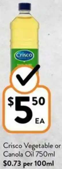 Foodworks Crisco Vegetable or Canola Oil 750ml offer