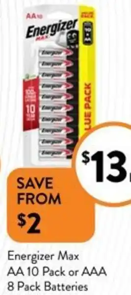 Foodworks Energizer Max AA 10 Pack or AAA 8 Pack Batteries offer