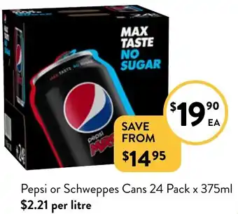 Foodworks Pepsi or Schweppes Cans 24 Pack x 375ml offer