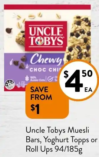 Foodworks Uncle Tobys Muesli Bars, Yoghurt Topps or Roll Ups 94/185g offer